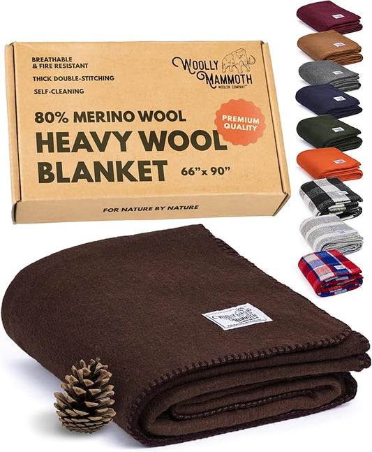 Woolly Mammoth Woolen Company Merino Wool Blanket - 66 x 90 in, Brown - Modern Twill Outdoor Throw Blanket - Self-Cleaning Washable Wool Comforter - Durable Double-Stitched Design for Cowboy Bedroll