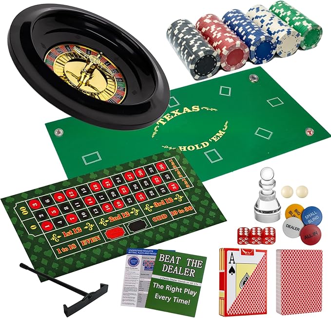 5 in 1 Casino Game Pro Set: 100 Pro Poker Chip, Blackjack+Roulette Wheel+Craps+Texas Holdem+Poker Gaming Kit with Table Game Mat+Playing Card+Dice+Casino Accessory for Party