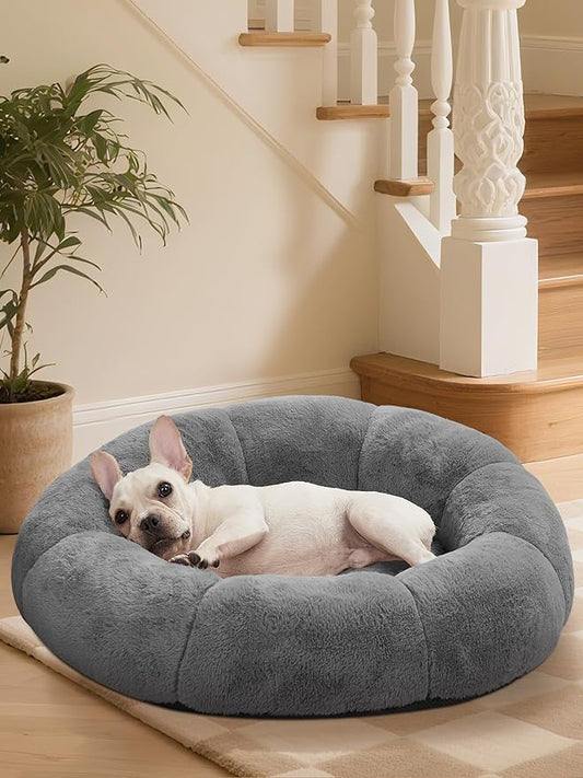 OhGeni 31 inches Calming Donut Orthopedic Dog & Cat Bed for Medium Pets, Warming Comfort Fluffy Short Pile Fur, Durable Waterproof Machine Washable Removable Cover, Round Bed for Puppy, Dark Gray