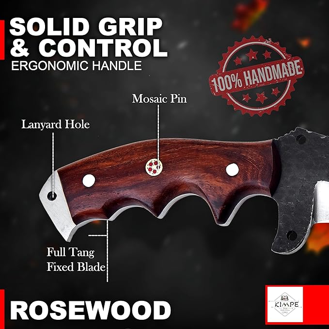 KIMPE 10.5?™â€?Hand-Forged Spring Steel Hunting Knife with Leather Sheath-Fixed Blade EDC Knife-Bushcraft Knives-Rose Wood Handle-Best Camping & Survival Knives-Knives for Men. (Spring Steel & Rose Wood)