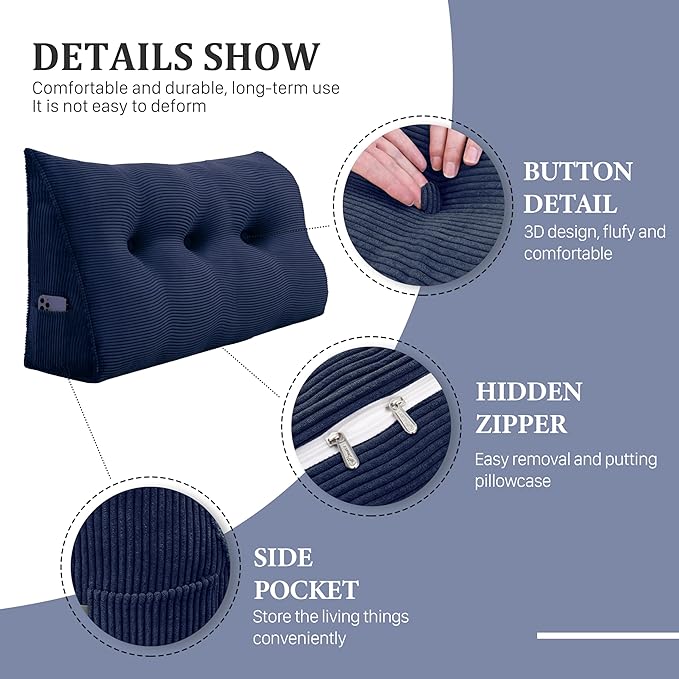 14 lbs Thickened Wedge Pillow Headboard Body Positioner Triangular Reading Pillow Bed Bolster Pillow for Sitting in Bedwith Removable Cover Gift for Mom Backrest Cordury Blue King