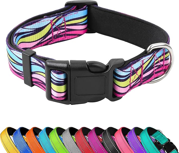Reflective Dog Collar, Adjustable Soft Neoprene Padded Nylon Pet Collars with Buckle for Puppy and Small Dogs, Cats, Colorful Wave Pattern,M