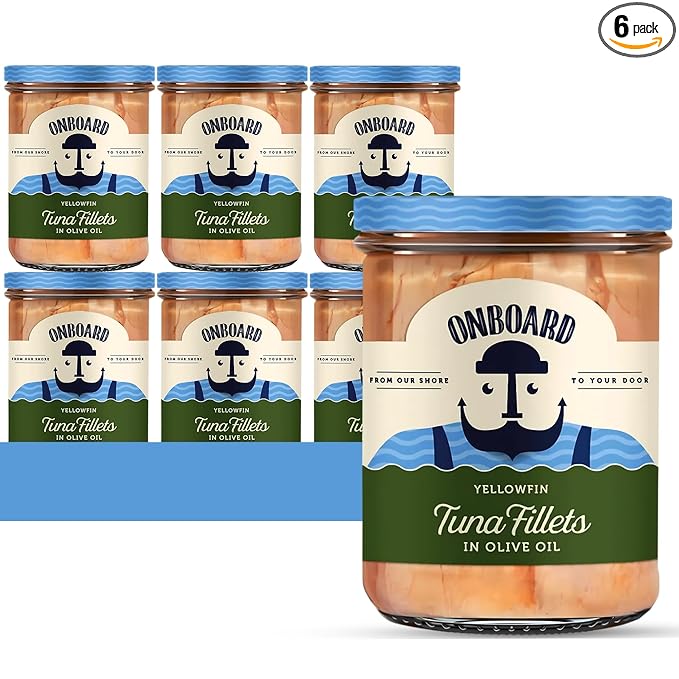 ONBOARD Yellowfin Tuna Fillets, Mediterranean Seafood Diet | Pescatarian Jarred Atun, Fresh Sea Tuna Salad | High in Protein - Healthy Ready-to-Eat Snacks, Packed in Glass Jar | (6 Packs, Olive Oil)