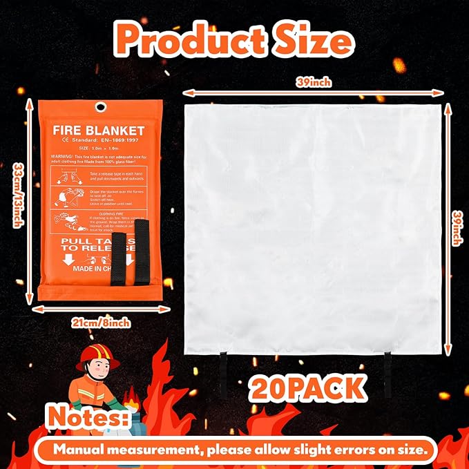 Macarrie 20 Pack 39??x 39??Fire Blanket Emergency for Home and Kitchen Safety Suppression Blanket Fiberglass Fireproof Survival for Fireplace Car Office Camping (Orange)