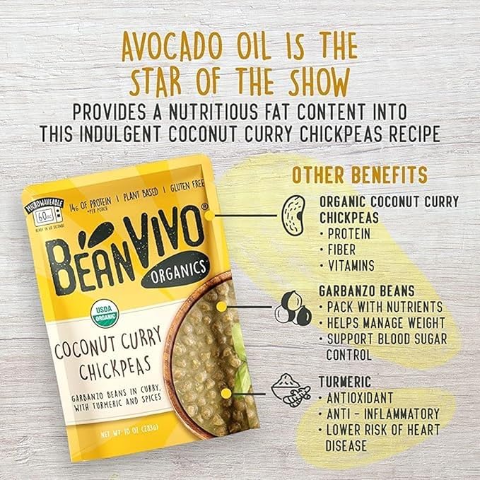 BeanVIVO (Pack of 12) Organics 14g Plant based Protein Coconut Curry Chickpeas - Good Source of Fiber - Nutritious & Microwave Meal - Gluten-Free Plant Food - 10 oz