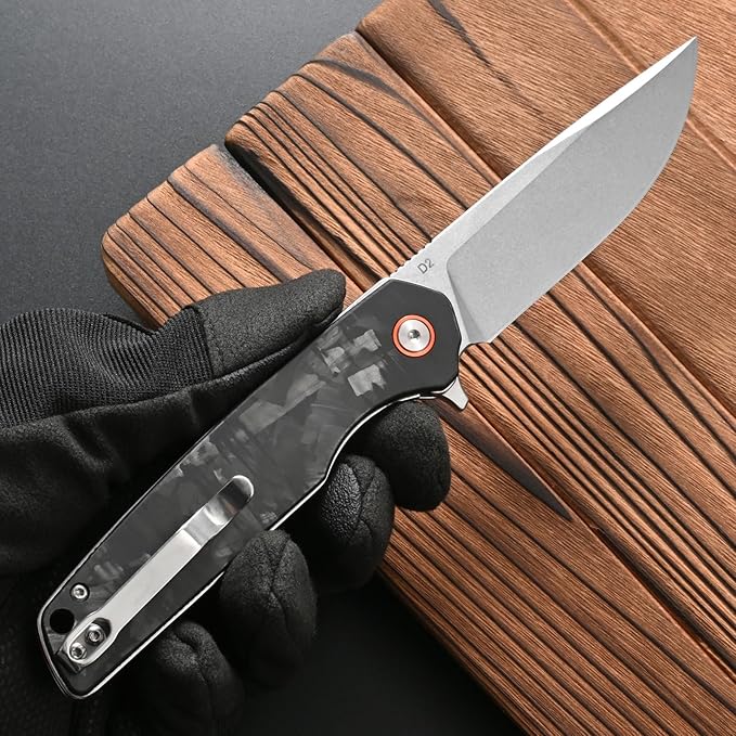 FF19 Folding Pocket Knife，D2 Steel Blade Carbon Fiber Handle EDC Tool Knife for Outdoor Camping Hunting Fishing Working(Black)