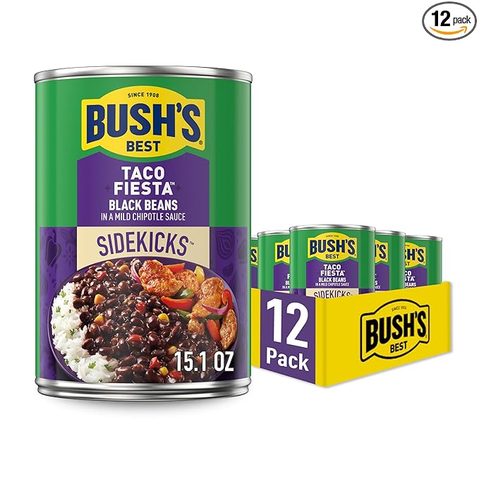 BUSH'S BEST 15.1 oz Canned Taco Fiesta Black Beans, Source of Protein and Fiber, Low Fat, Gluten Free, (Pack of 12)