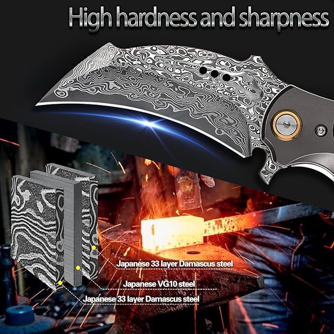Handmade Damascus steel Folding Pocket EDCKnife，with cowhide sheath And pocket clipï¼?.8in blade Claw Hawkbill Folding Knife，Lining lock, wooden handle，Outdoor survival first-aid camping knife