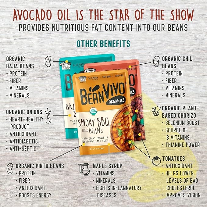 BeanVIVO - Variety 6 Pack (10 oz each) - Organic Baja Black Beans, Three Bean Vegan Chili, BBQ Pinto Beans - Seasoned & Ready to Eat, Plant Protein, Vegan, Gluten Free, Microwaveable, Instant Meals