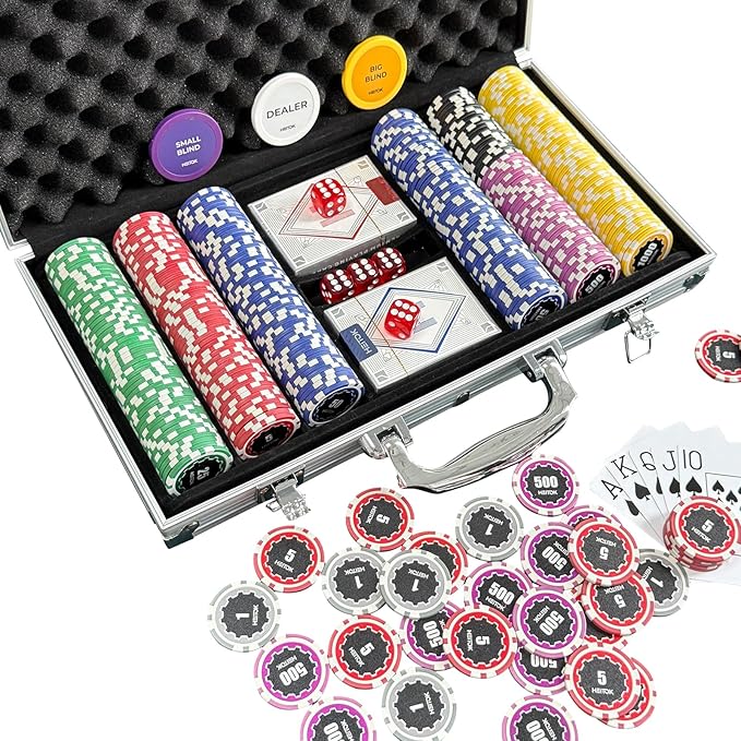 Poker Chips with Denominations, 300-pcs 11.5g Weighted Numbered Casino Chips Set, 5 Dice, 2 Decks with Compact Aluminum Case for Texas Hold'em, Blackjack, Age 8 and Plus
