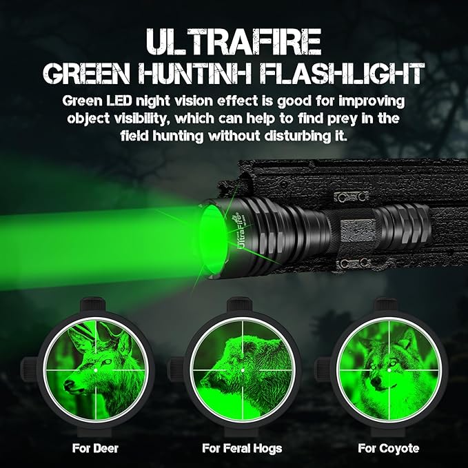 ULTRAFIRE 10W Green Hunting Flashlight 273 Yards Super Bright LED Green Flashlight for Night Tactical Hunting Hogs, Coyotes and Varmints WF-509G