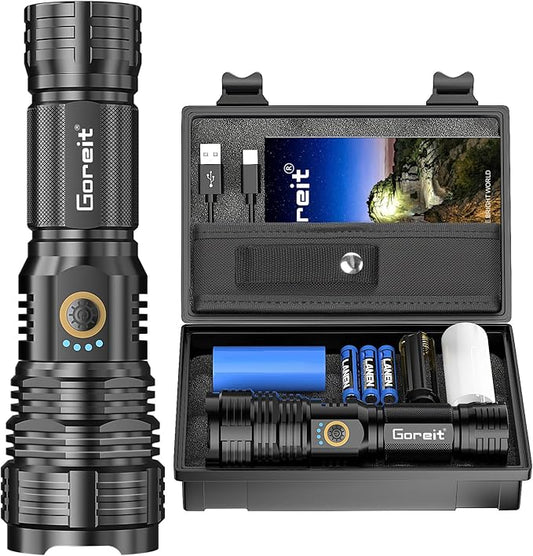 Goreit Flashlights LED High Lumens Rechargeable, 2000 Lumens XHP70.2 Super Bright Flashlight, Flash Light Battery Powered, Powerful Handheld Flashlight with Holster for Emergency Camping Hiking Gift