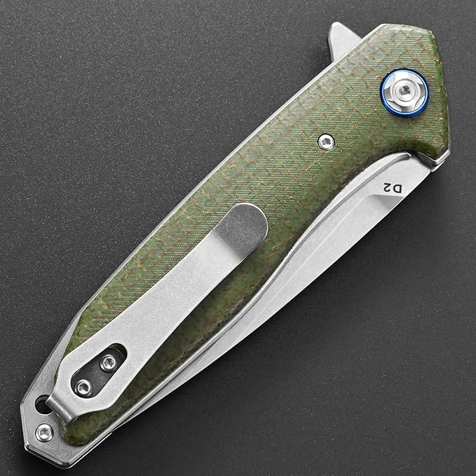 Eafengrow EF972 Folding Knife, D2 Steel Blade Micarta Handle Pocket Knife Folder for Outdoor Camping Hiking Working EDC Tool Knife(army green)