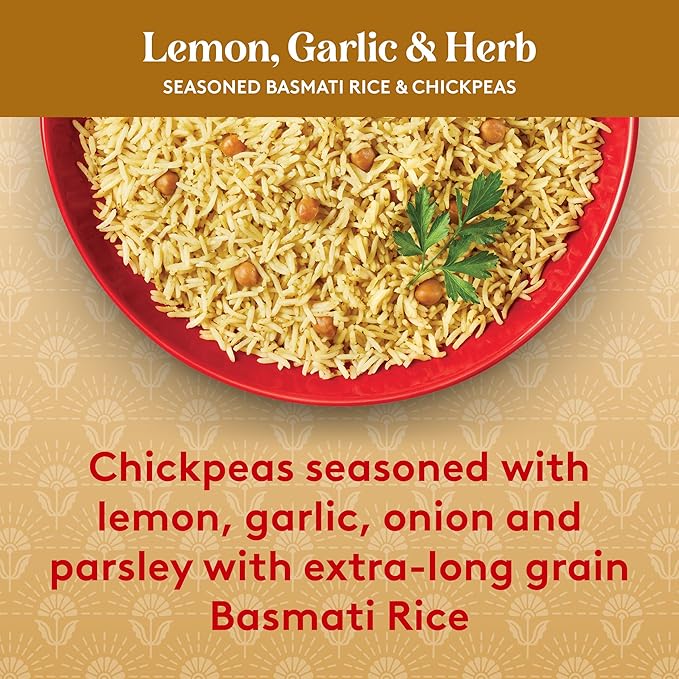 Royal Lemon, Garlic, and Herb Basmati White Rice and Chickpeas - Ready to Heat Basmati Rice - (6 Pack) 8.5 oz Microwaveable Pouch