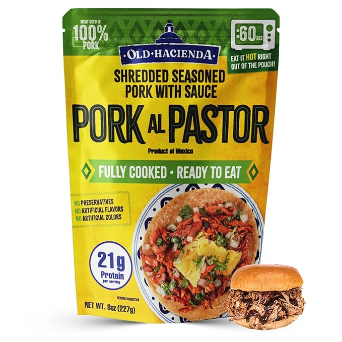 Old Hacienda Pork al Pastor | 100% Shredded Seasoned Pork with Sauce | Fully Cooked & Ready to Eat | 21g Protein | No Preservatives, Artificial Flavors or Colors | BPA Free Pouch | Pack of 1-8oz