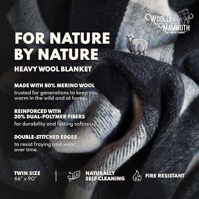 Woolly Mammoth Woolen Company Camping Blankets - 66 x 90 in, Black & Cream Plaid - Merino Wool Throw & Outdoor Backpacking Blanket for Picnic & Travel
