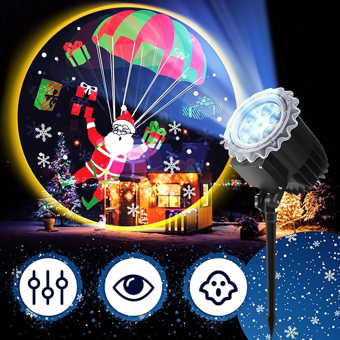 Christmas Projector Light with 1 Film Slides Holiday LED Santa Coming Projector Lights Outdoor Reflectors Waterproof Landscape Decorative Rotation Lighting Movement Projection Lamp for Outside