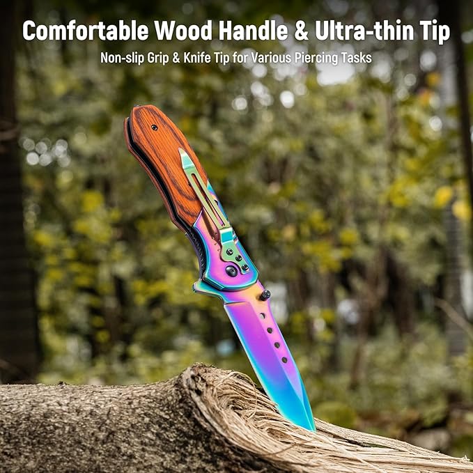 Pocket Knife for Men - 3.46" Sharp Blade Wood Handle Pocket Folding Knives with Clip, Glass Breaker - EDC Knives for Survival Camping Fishing Hiking Hunting Women, Rainbow