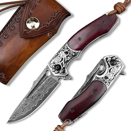 Handmade japanese vg10 damascus steel pocket knife,rosewood handle,sheath,liner lock,folding knives for outdoors camping hiking fishing