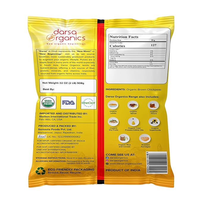 Darsa Organics Kala Chana 2 lb | Brown Chickpeas, Black Gram Lentils | USDA Organic, Non-GMO | Rich in Protein & Fiber | Great for Salads, Curries & Stews