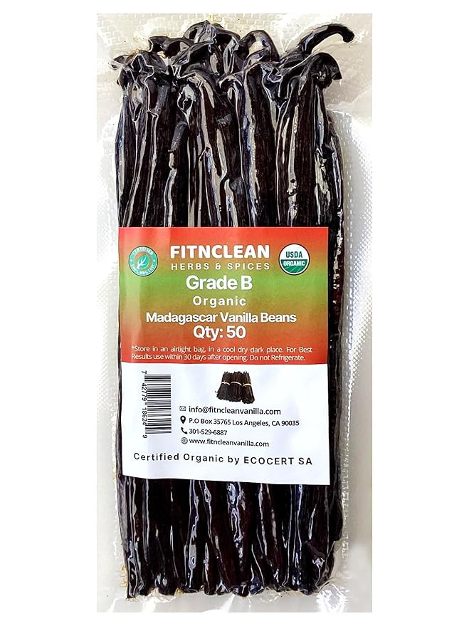 50 Madagascar Organic Vanilla Beans Grade B. Certified USDA Organic. 5"-7" by FITNCLEAN VANILLA for extract, Cooking and Baking. Whole NON-GMO Bourbon Pods