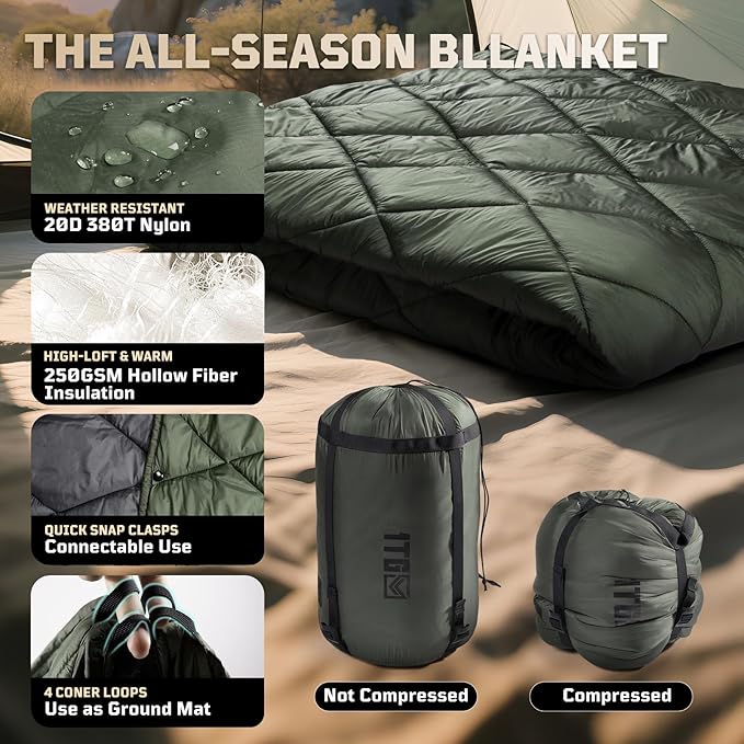 Camping Blanket - Packable, Ultra Warm and Lightweight with Snap Button Backpacking Quilt Water-Resistant, for Sleeping, Outdoors, Travel - Large/Olive Green