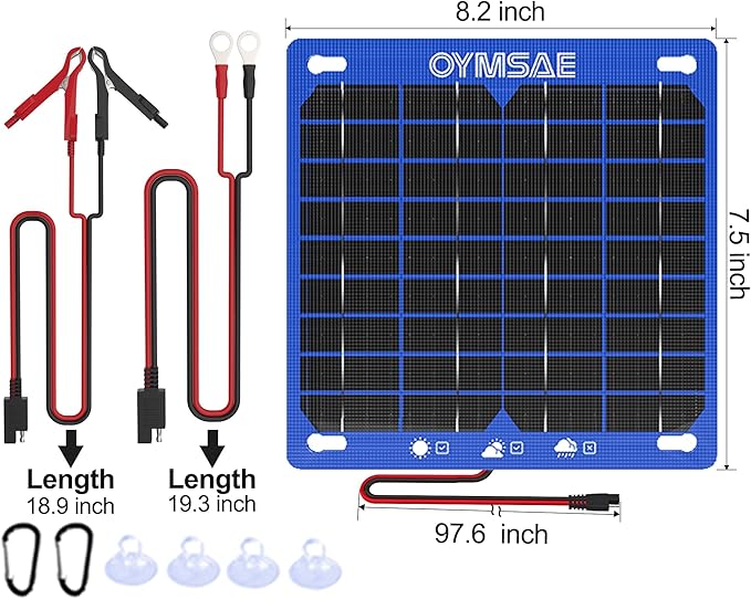OYMSAE 7.5W 12V Blue Solar Panel Portable Waterproof Trickle Battery Charger & Maintainer for Car Boat RV with Cigarette Lighter Plug & Alligator Clip