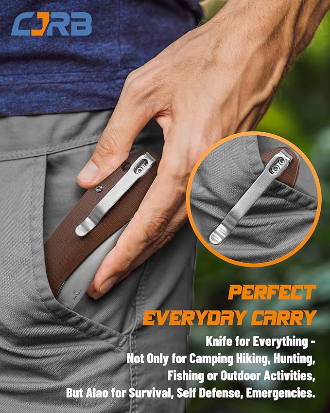 CJRB Folding Knife Feldspar(J1912) Stonewash D2 Steel Balde G10 Tactical Handle Pocket Folding Knife EDC,Brown Handle