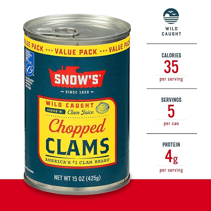 Snow's Wild Caught Chopped Clams Canned, 15 oz Can (Pack of 12) - Served in Clam Juice - 4g Protein Per Serving - Gluten Free, Keto Friendly, 99% Fat Free