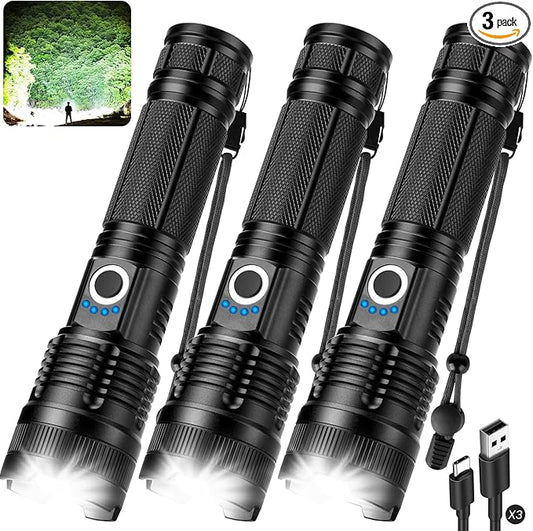3 Pack Rechargeable Flashlight High Lumens - 99,000LM Super Bright LED Flash Light for Home with 5 Modes, Powerful Waterproof Handheld Flashlight for Camping Emergencies (L-3P) (L-3P)
