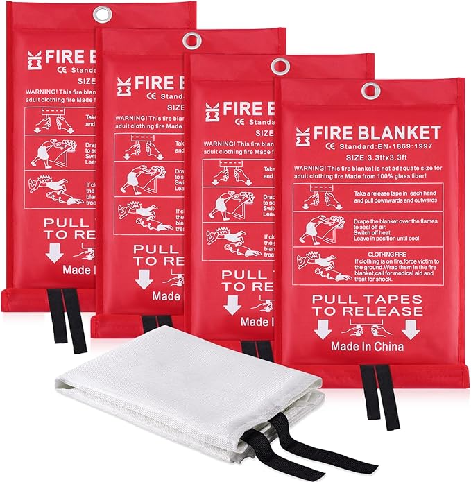 Fire Blanket for Home Emergency Survival ??Fiberglass Suspend Fire Flames Suspension Blankets for Home and Kitchen School Grill Garage House Warehouse Safety (4pcs-FireBlankets)