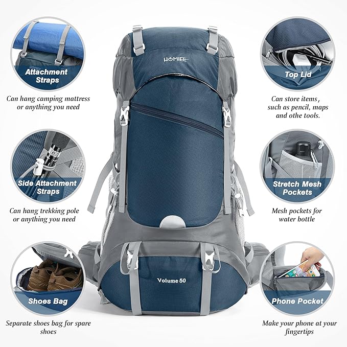 HOMIEE 50L Hiking Backpack Travel Bag Waterproof Camping Rucksack with Rain Cover Lightweight Backpacking Backpack