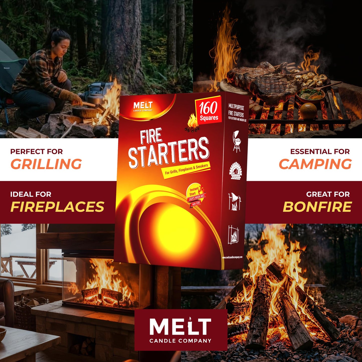 Fire Starter Squares, 160 pcs - Charcoal Fire Starters for Campfires, Grill, Outdoor Pit