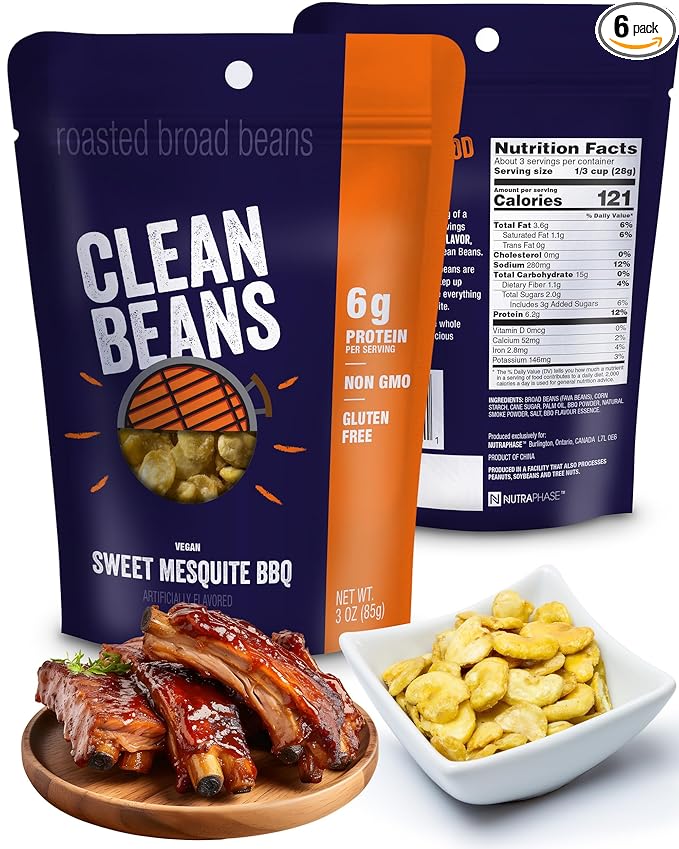Clean Beans Broad Fava Beans Snack - Sweet Mesquite BBQ Flavor, 6g Protein, Low Sugar, Non-GMO, Non-Gluten - On The Go Office Snack - Nutraphase, 85g x 6-Count
