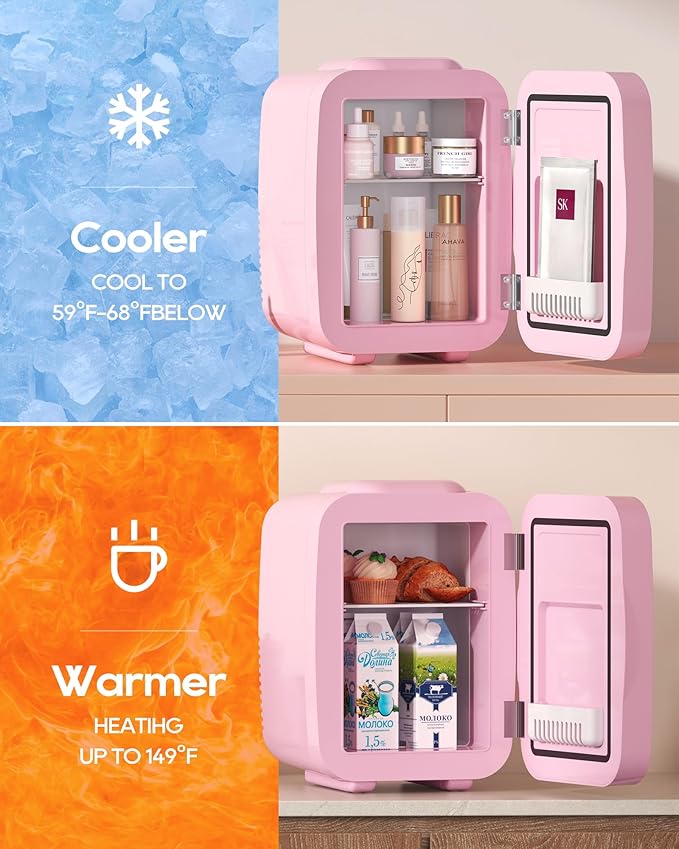 Skincare Fridge with Dimmable LED Light Mirror,4 Liter/6 Can Mini Fridge Skincare for Bedroom,Office, Car, Dorm,Cooler and Warmer, Portable Mini Fridge for Skin Care, Cosmetics, Food,Pink