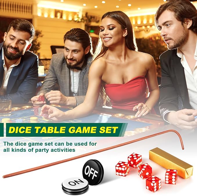Leyndo Craps Tabletop Game Set, Includes 24" Craps Rattan Stick, Casino Grade AAA 19 mm Dice, 3" Craps ON/Off Poker Button for Craps Game Table