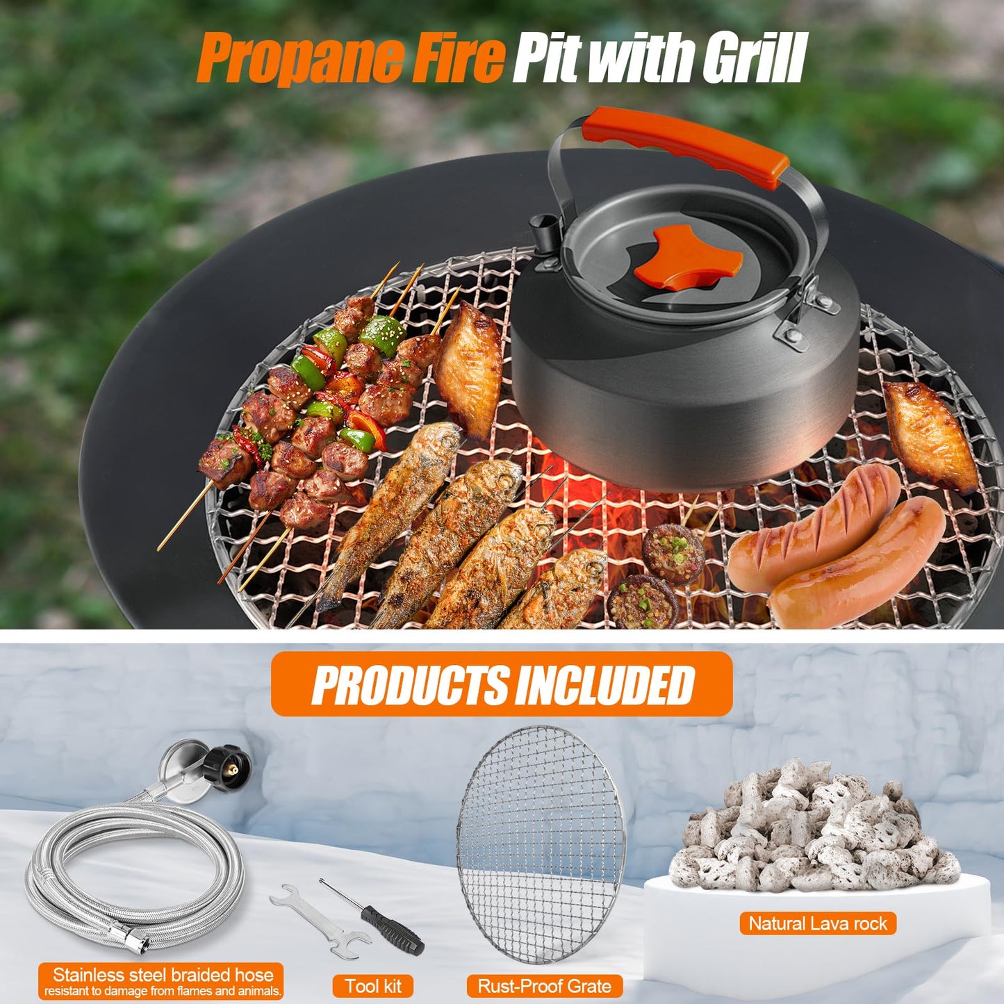 GasBRUH 19″ Outdoor Portable Propane Fire Pit with Grill Grate, Cover&Carry Kit,Fireplace,60,000