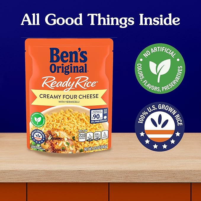 BEN'S ORIGINAL Ready Rice Creamy Four Cheese Flavored Rice, Easy Dinner Side, 8.5 oz Pouch (Pack of 12)