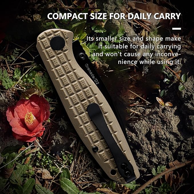 Folding Knife – 3.5-inch D2 Steel Folding Pocket Knife, G10 Handle, One-Handed Opening and Closing, Ceramic Ball Bearings, Deep Pocket Clip, Suitable for Outdoor, EDC (brown)