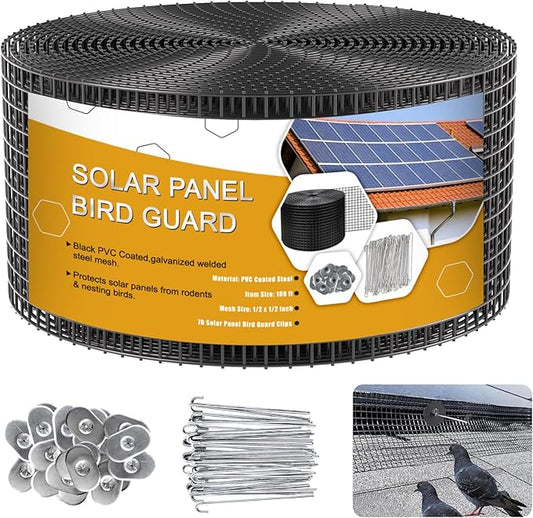 Solar Panel Bird Guard,8in x 100ft Critter Guard Galvanized PVC Coated Mesh Roll Kit,Black Pigeon Solar Panel Mesh with 70 Fastener Clips, ½ inch Wire Critter Guard for Solar Panels