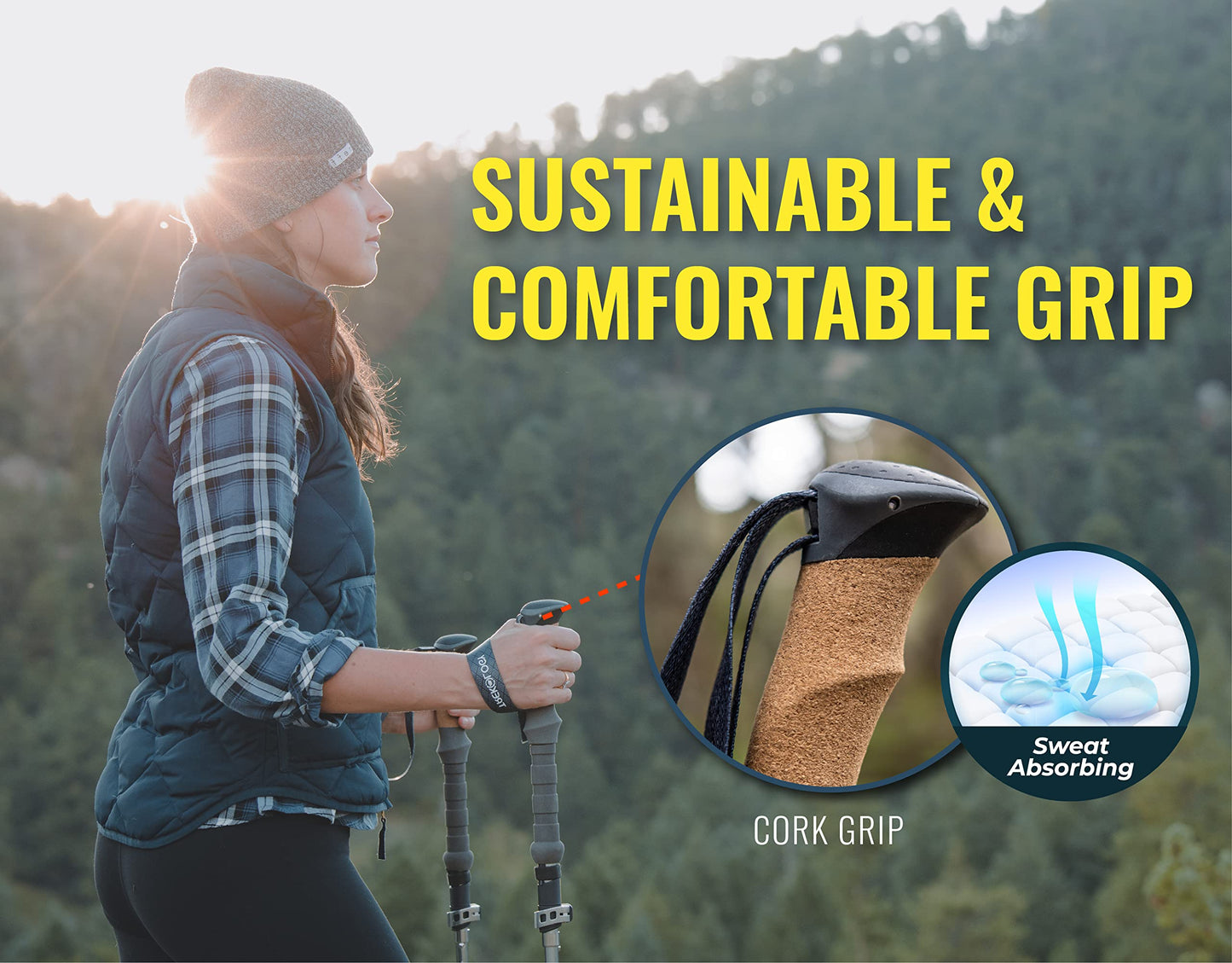 TREKOLOGY Trek-Z Cork Grip Trekking Poles – Lightweight Folding Hiking Poles, Adjustable Height
