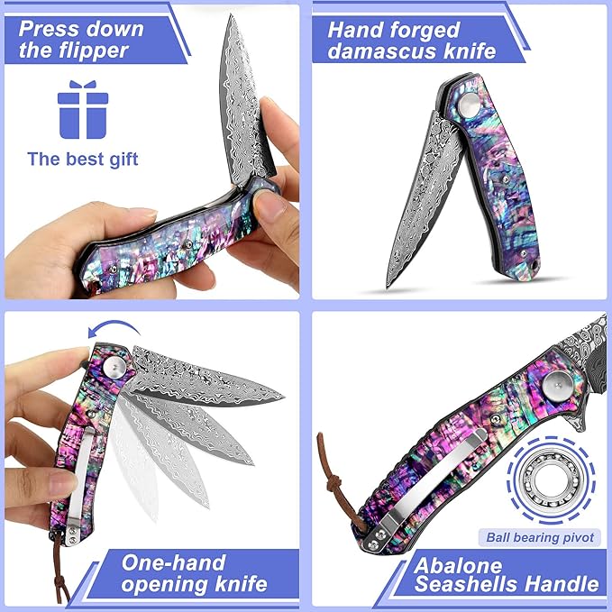 Benkey Damascus Pocket Knife, Sharp VG10 Core Damascus Steel Folding Knives with Leather Sheath, Unique Abalone Seashells Handle, Ball Bearing, Liner Lock, Original EDC Damascus Knife for Men Women