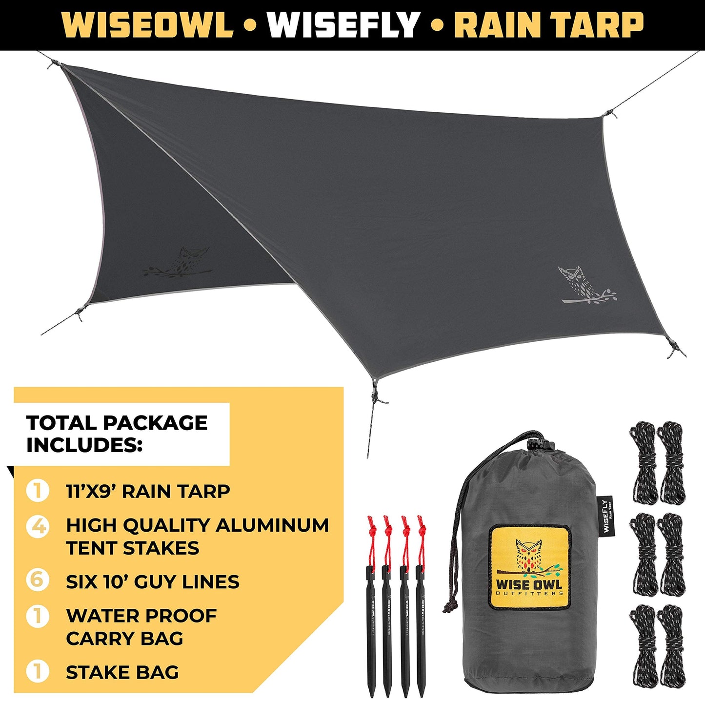 Wise Owl Outfitters Hammock Rain Fly – Waterproof Camping Tarp Cover with Tent Stakes & Carry Bag