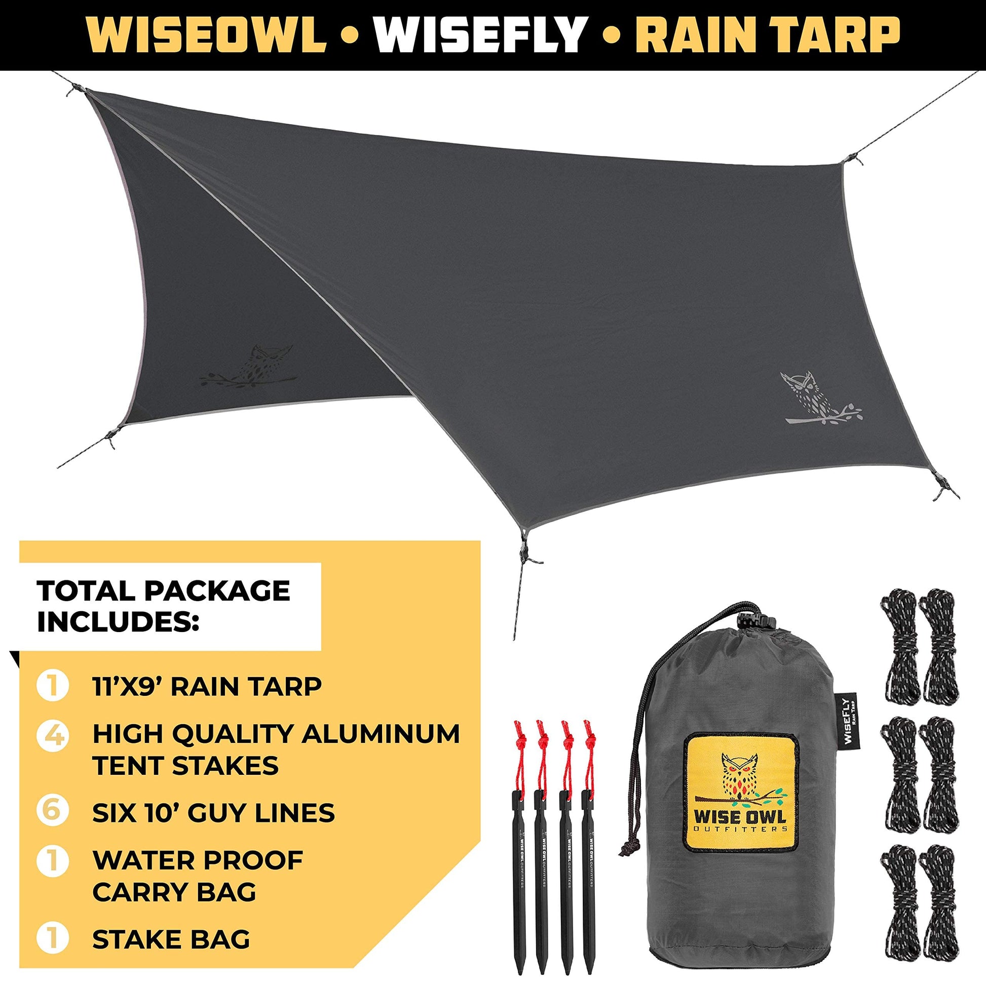 Wise Owl Outfitters Hammock Rain Fly – Waterproof Camping Tarp Cover with Tent Stakes & Carry Bag