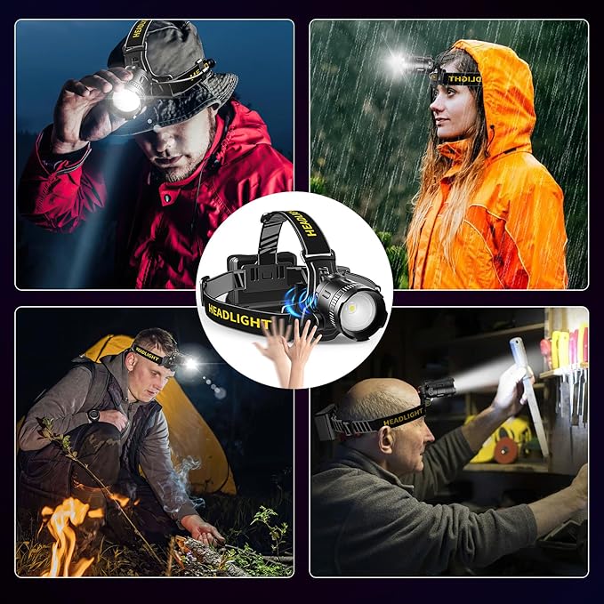LED Headlamp High Lumens with Motion Sensor Super Bright, 3 Lighting Modes, Digital Display, Rechargeable, Waterproof Head Lamp, 90° Adjustable for Camping, Hiking, Fishing, Running Outdoor (1)