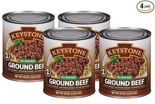 Keystone Meats All Natural Heat and Serve Ground Beef 28 oz – Fully Cooked Canned Meat – Ready to Eat – 5-Year Shelf Life – Pantry Staple for Everyday Meals, Emergency Survival Canned Food – Made in USA – Pack of 4