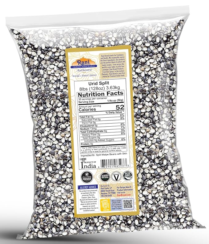 Rani Urid/Urad Split Chilka (Split Matpe Beans with Skin) Indian Lentils 128oz (8lbs) 3.63kg Bulk ~ All Natural | Gluten Friendly | Non-GMO | Kosher | Vegan | Indian Origin