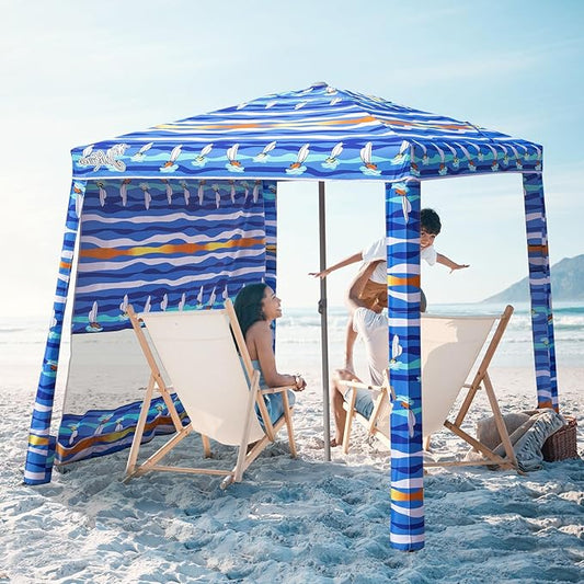 Beach Cabana, 6.2'×6.2' Beach Canopy with Side Wall, UPF 50+ UV Protection Easy Setup Tent Sun Shelter with Sand Pockets for Whole Family(Summer Sailboat)