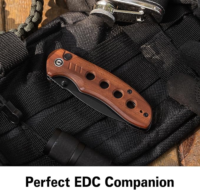 CIVIVI Triptych Folding Pocket Knife, 2.97" 14C28N Blade Wood Handle with Reversible Clip, Button Lock Knife for EDC Camping Hiking C23085B-3
