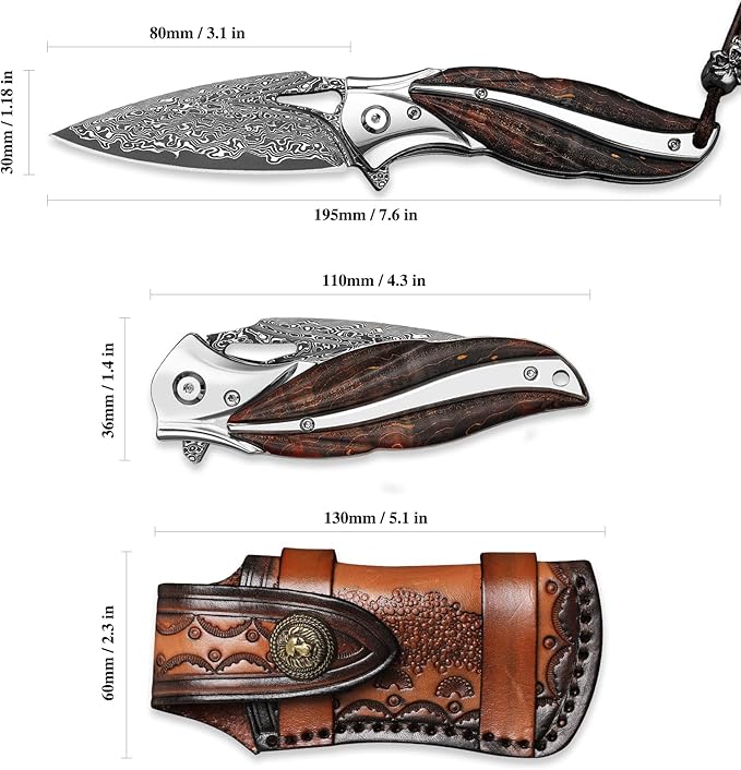 Handmade Japanese VG10 Damascus steel Folding Pocket Knife，With leather case，Liner Lock，3.1in high hardness blade，Wooden Handle，men's folding knife hiking trip EDC tool Knife